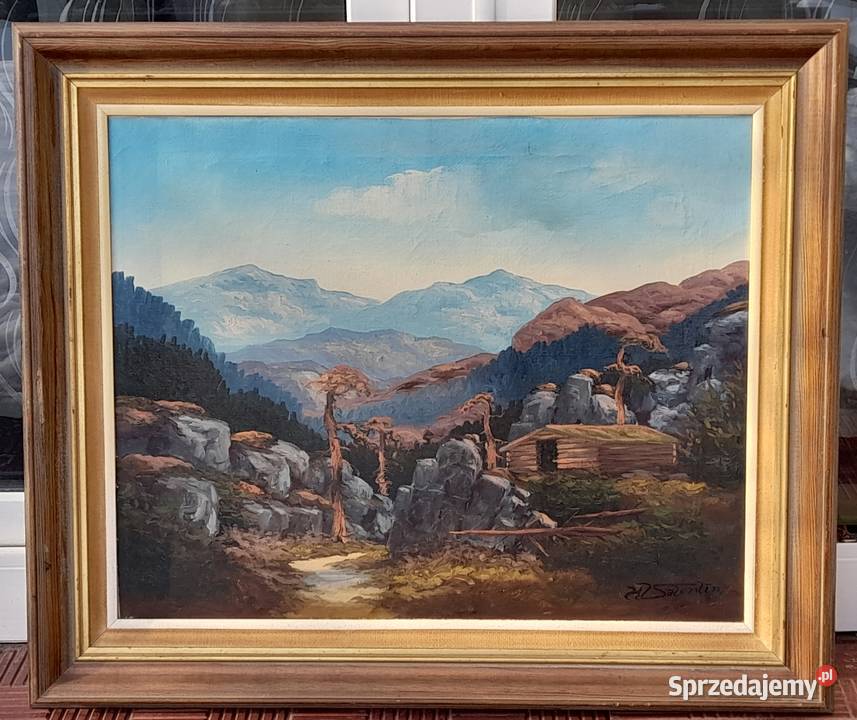 Pejzaż z widokiem na góry piękny obraz olejny mazowieckie Iłża