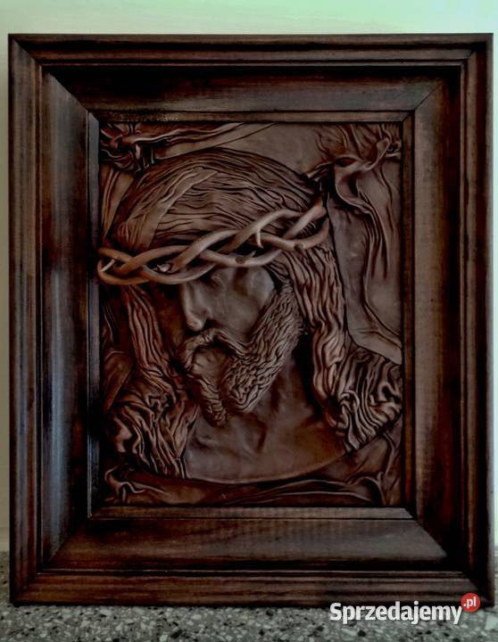 Obraz Jezusa ze skóry naturalnej w drewnianej Dekoracje i ozdoby Kraków sprzedam