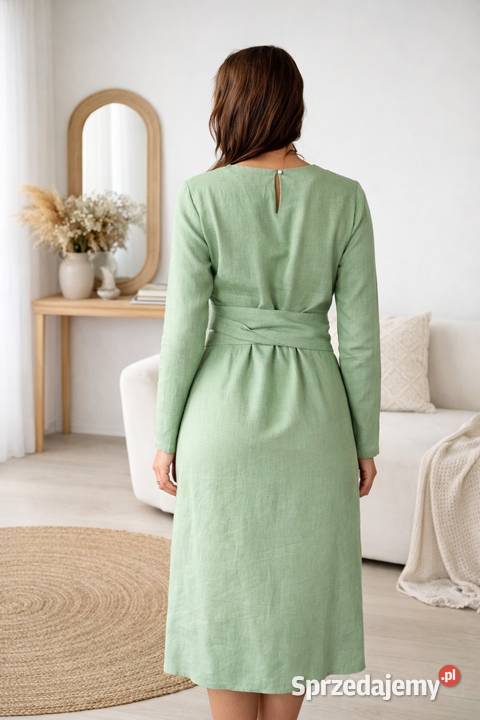Elegancka lniana sukienka midi z paskiem 100 len Warszawa