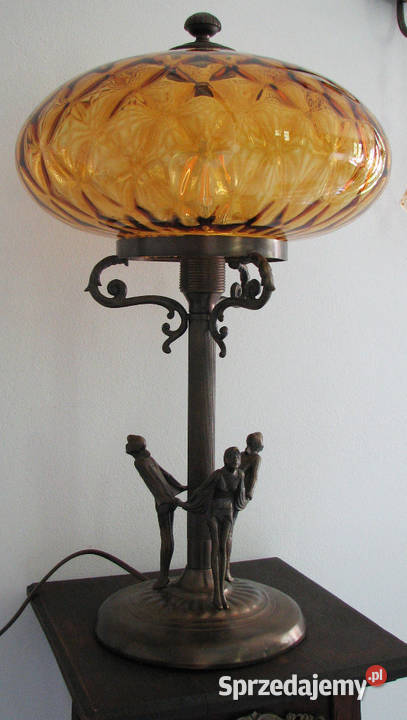 Mosiężna Lampa stołowa miodowy klosz Cielądz