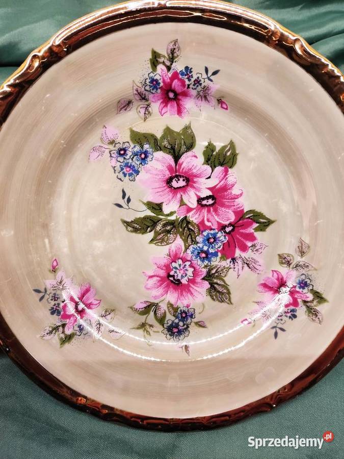 Talerzyk porcelanowy Chodzież w kwiaty i złotą opolskie