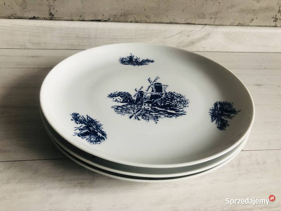 Talerze PRL 3 sztuki porcelana biało niebeskie łódzkie