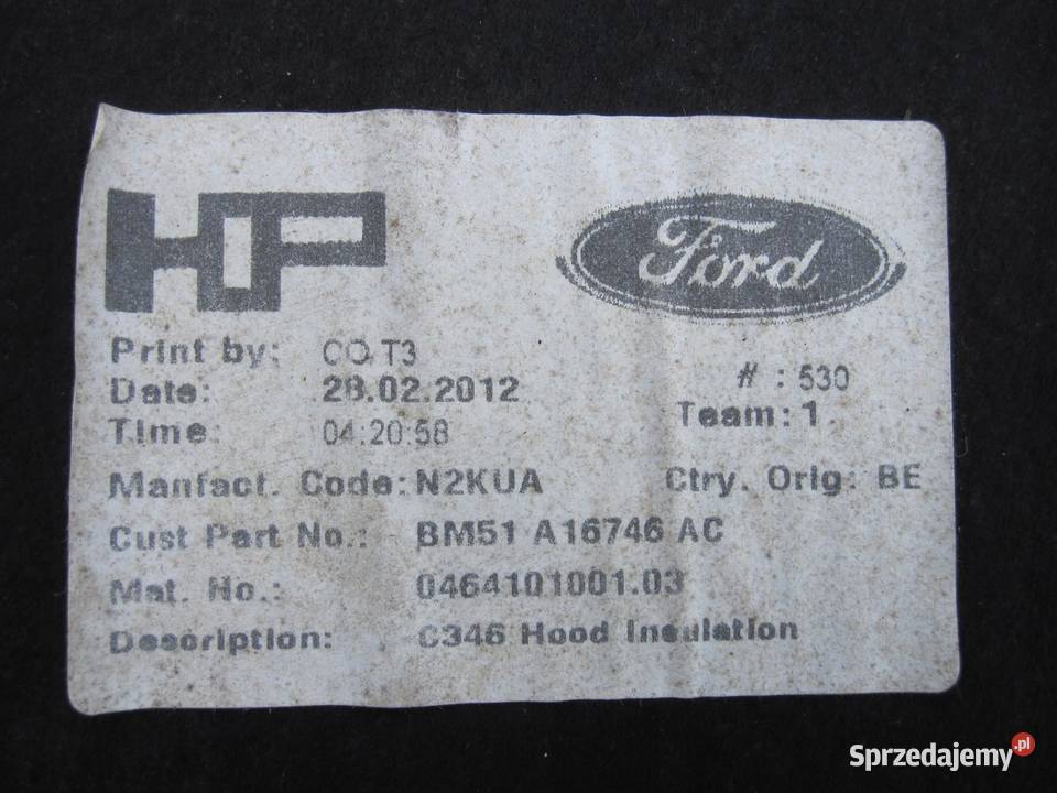 FORD FOCUS MK3 III 12r wygłuszenie maski
