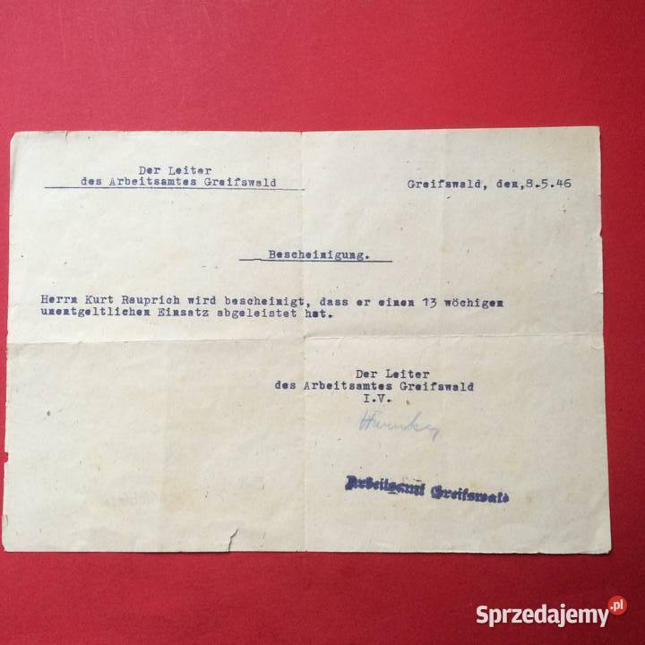1232 Dokument Niemiecki Kurt Rauprich Szczecin
