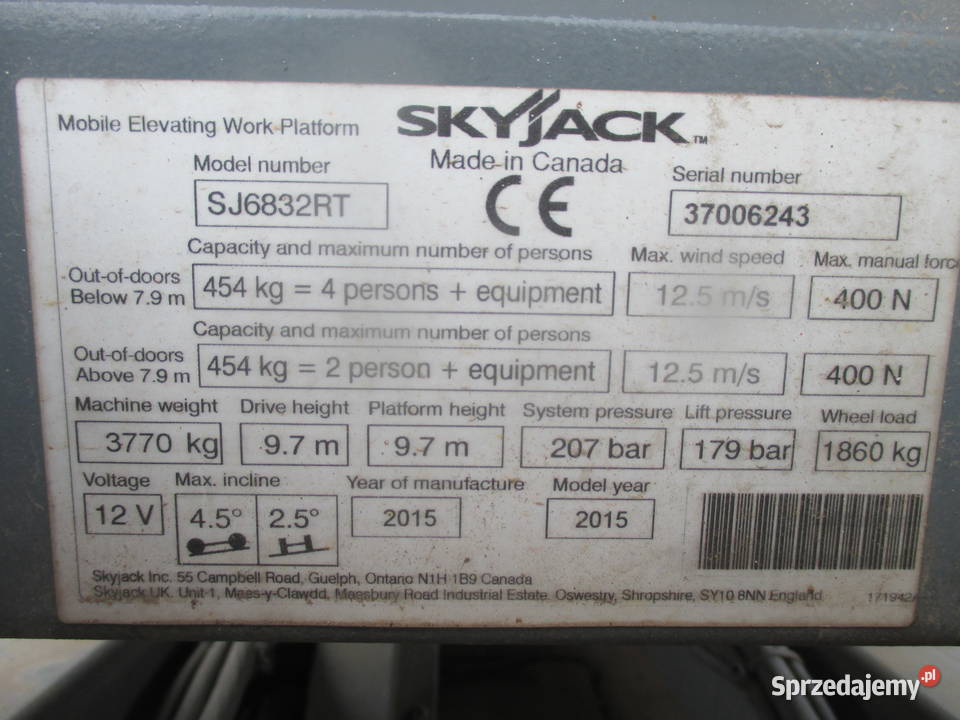 Podnośnik nożycowy zwyżka 12m Skyjack SJ6832 RT sprzedam