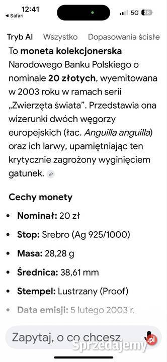 Moneta kolekcjonerska Węgorz europejski Jawiszowice sprzedam