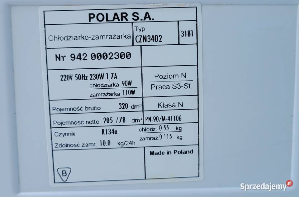 Lodówka chłodziarkozamrażarka POlar CZN 3402 Siedlec