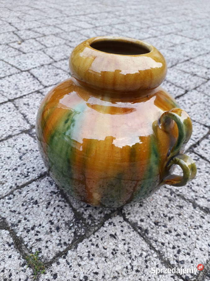 Wazon ceramiczny szkliwiony z uszami sygnowany Warszawa