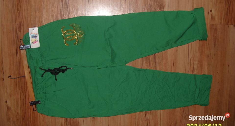 NOWE zielone spodnie gnieciuch złote literki CC Rawicz sprzedam