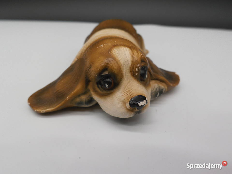 Stara ceramiczna figurka leżący piesek Basset Raszków