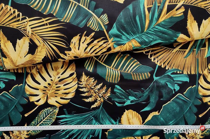 Tkanina liście monstery złote na czarnym lubelskie Lublin