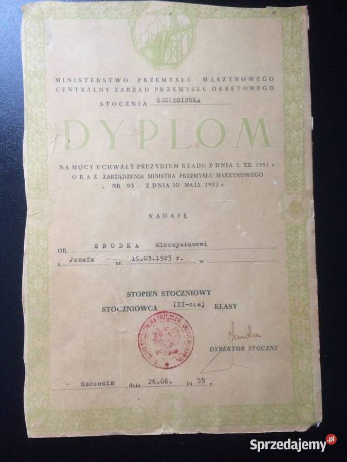 2808 Dyplom Nadania Stopnia Stoczniowca III Szczecin sprzedam