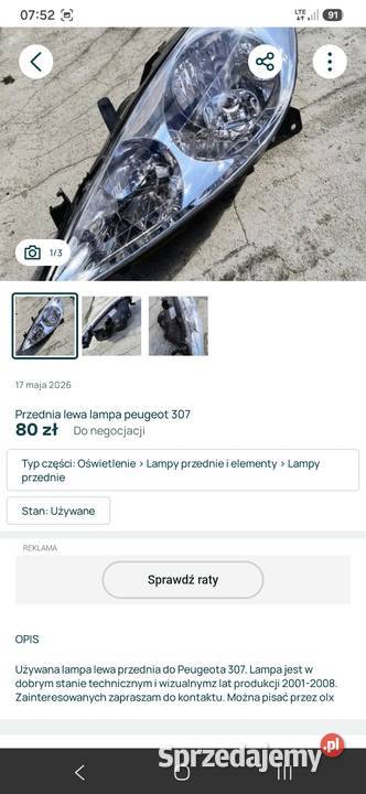 Lampa do peugeota 307 Lewa 1km Radom