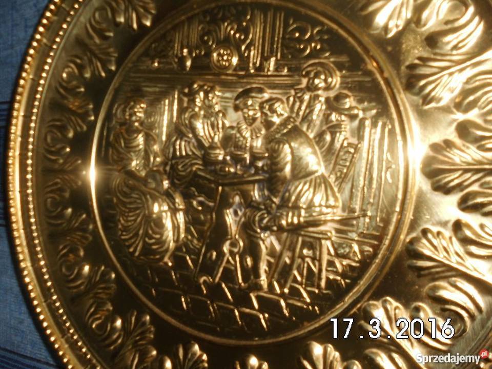 Ładne miedziane 2 x talerz z motywem Pracy Warszawa