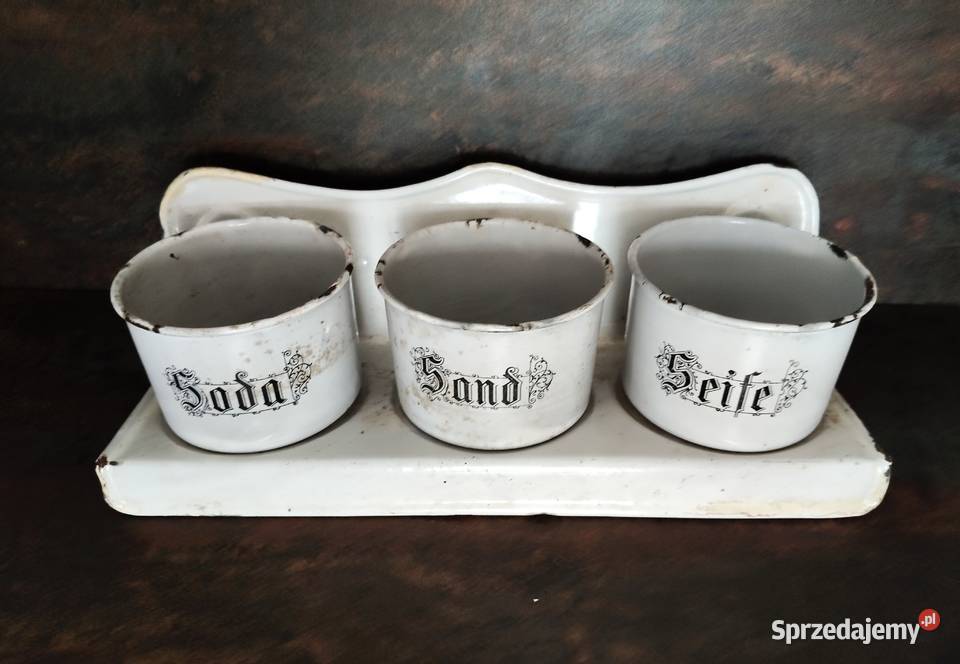 Zestaw kuchenny emaliowany Art Deco vintage PRL Kalisz