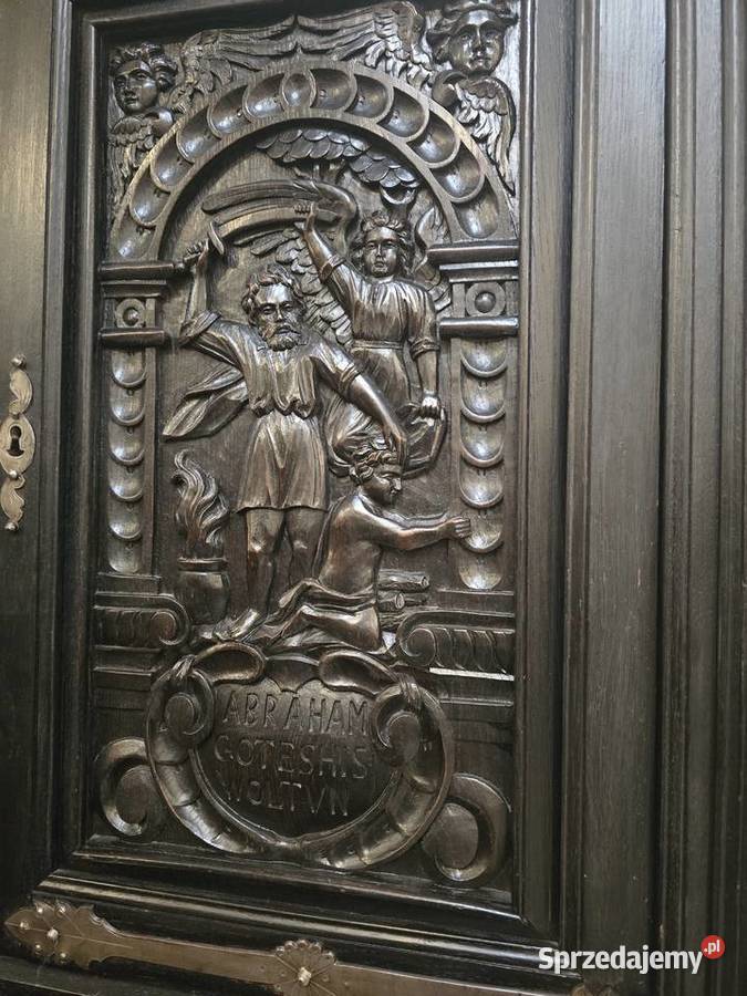Antyczny kredens pałacowy dębina płaskorzeźby Bronisze