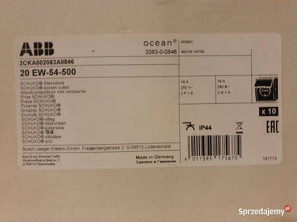 ABB Gniazdo SCHUKO z klapką 2PE Ocean 20 EW54500 Radom