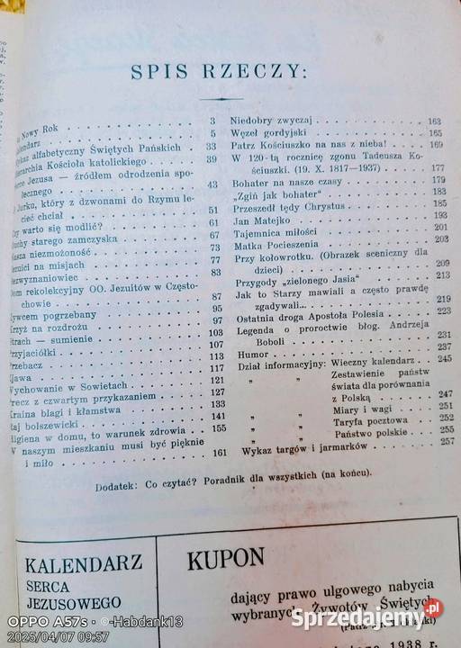 KALENDARZ SERCA JEZUSOWEGO 1938 Bychawka Trzecia