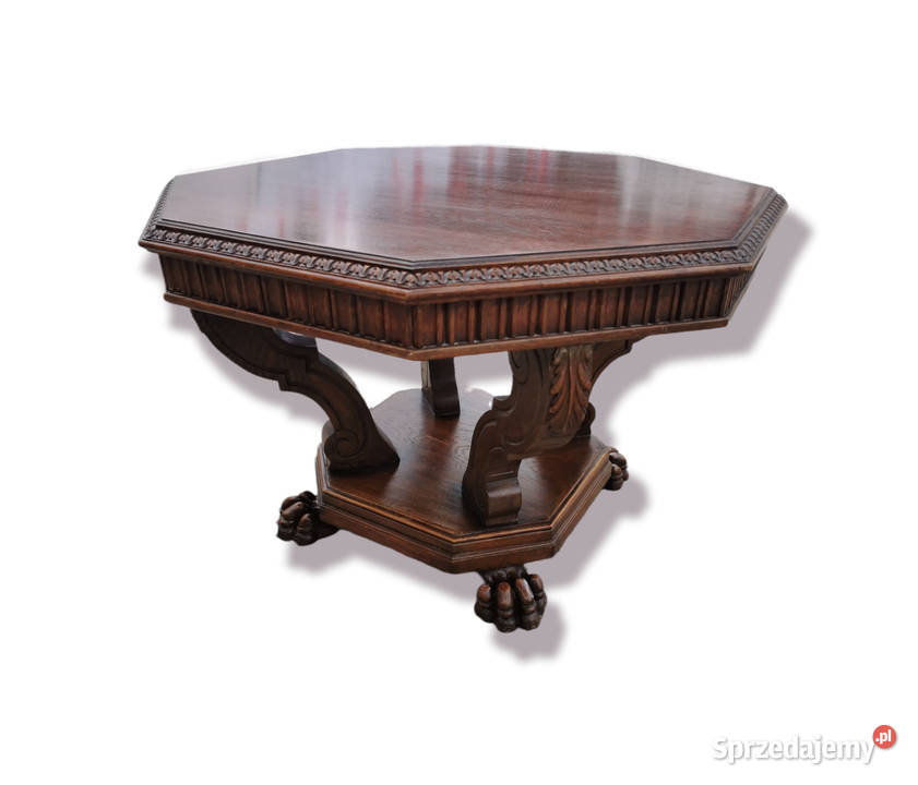 Dębowy neorenesansowa ława stół ośmiokątny z Wrocław