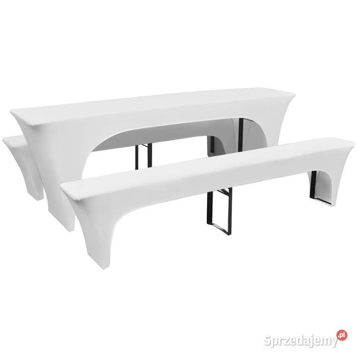 3 białe rozciągliwe pokrowce na stół i ławki 220