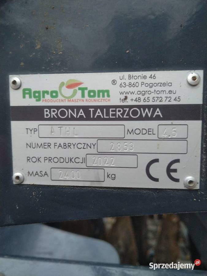 Brona talerzowa Agro Tom 45m nieuszkodzony Zemborzyce Podleśne