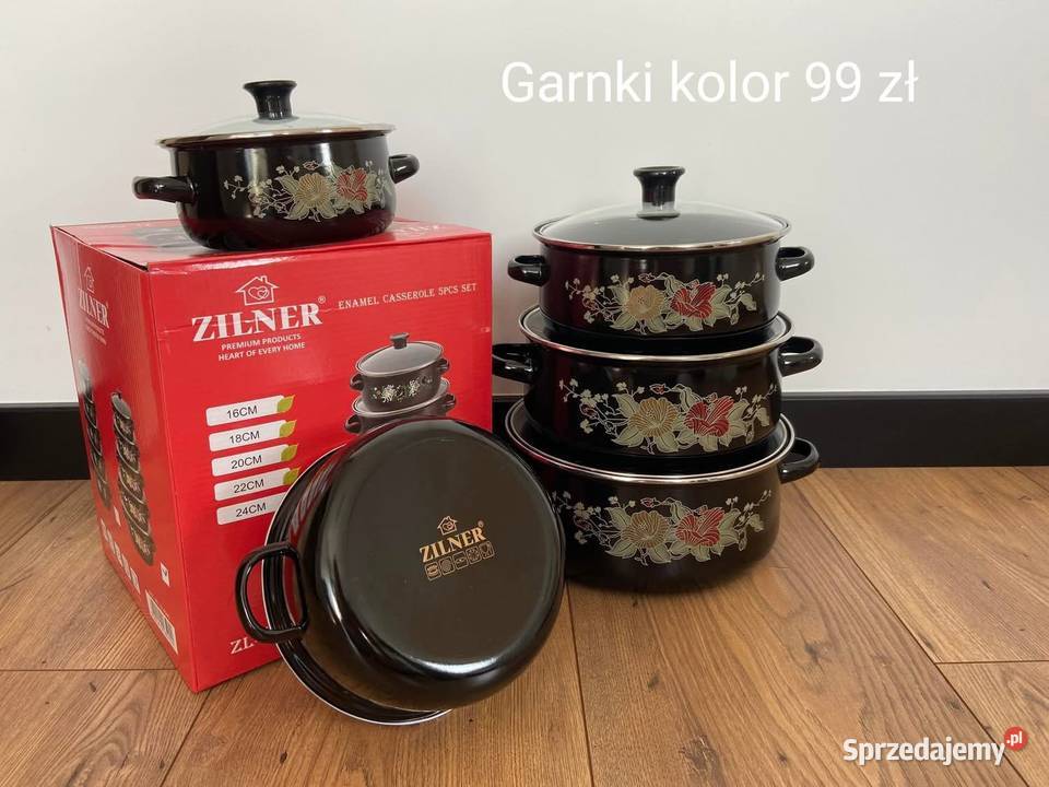 Garnki emaliowane 5 sztuk z pokrywkami rozne Darłowo