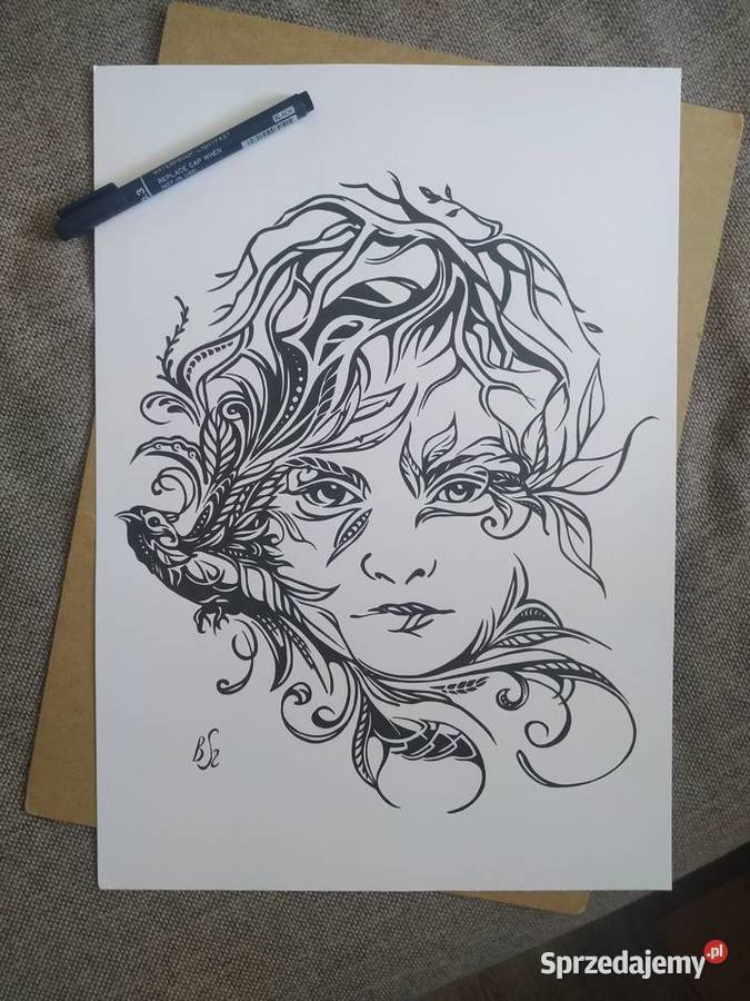 Rysunek ptak i twarz cienkopis blok tech A3 250