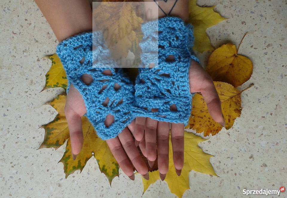 Rękawiczki mitenki niebieskie na szydełku