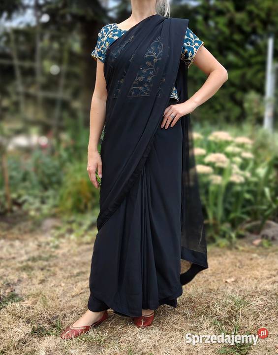 Eleganckie czarne sari L 40 XL 42 szyfon saree Szczecin