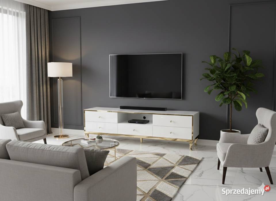 Nowoczesna Komoda RTV Białe Szkło Cichy Domyk Kępno