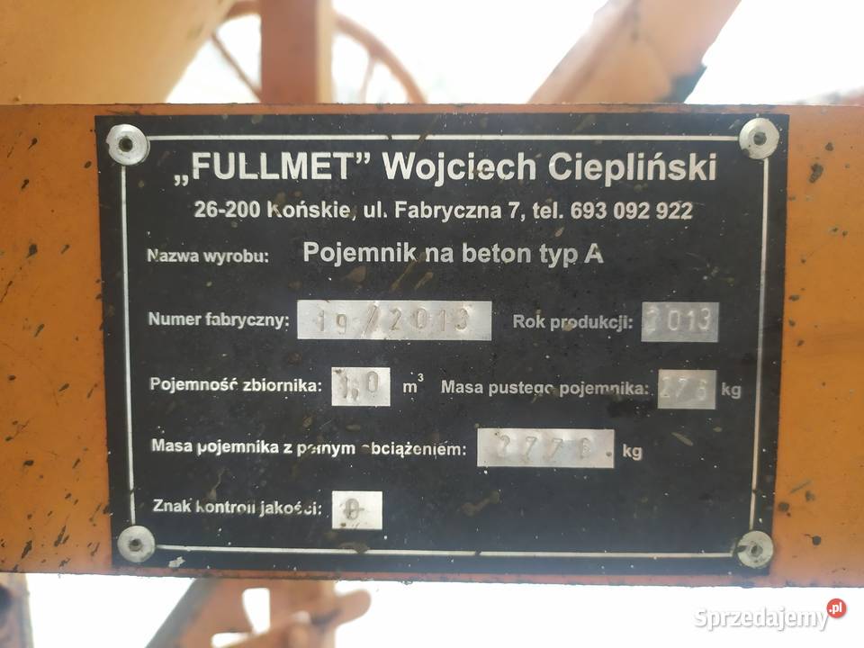 Lej do betonu lejek dzwigowy 1m3 pojemnik na nie sprzedam