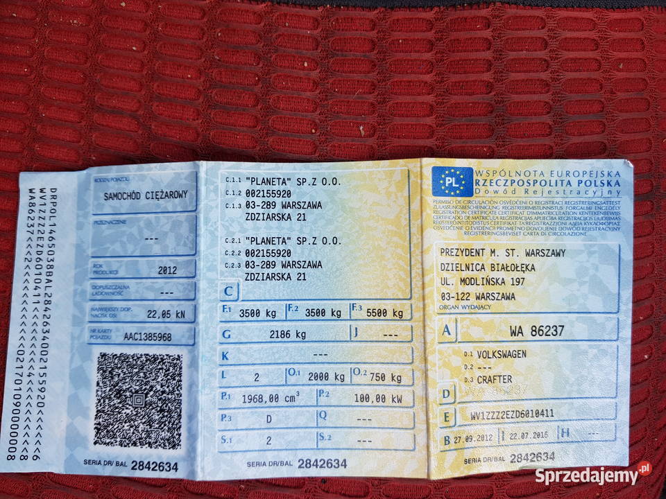 Syndyk sprzeda VVOLKSWAGEN CRAFTER 20TDI VAN WA sprzedam