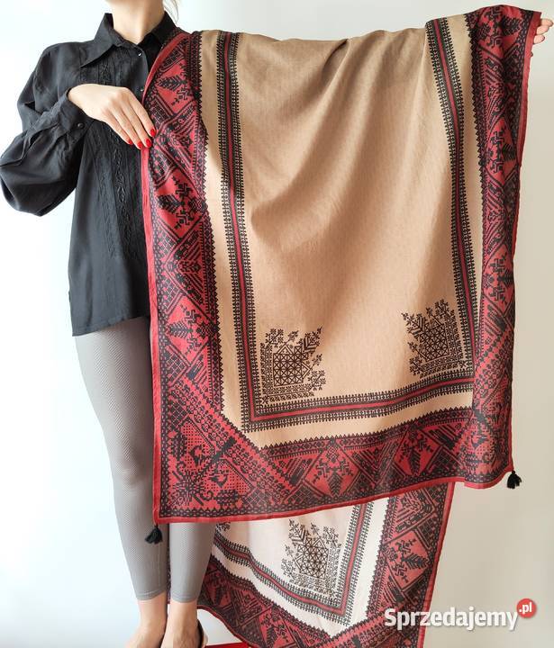 Duża chusta szal dupatta beż wzór geo bawełna Szczecin sprzedam
