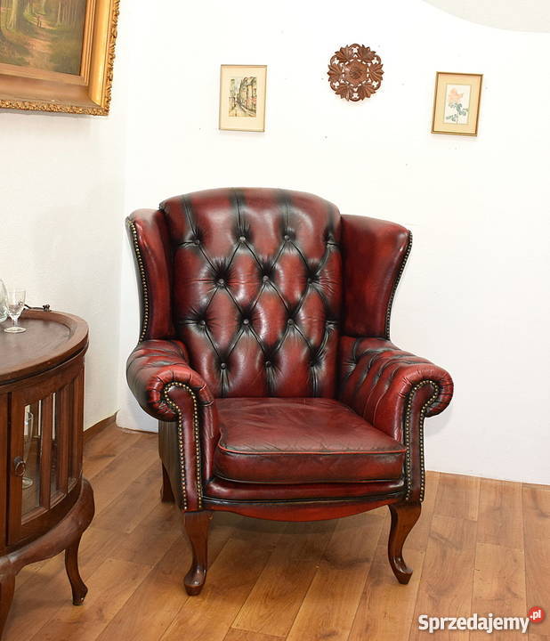Fotel chesterfield piękny uszak skóra pikowany Świdnica