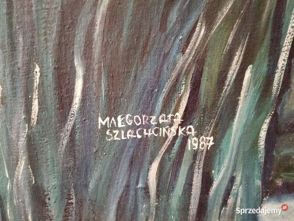 Piękny duży obraz na płótnie z 1987 rękodzieło Szczytno sprzedam