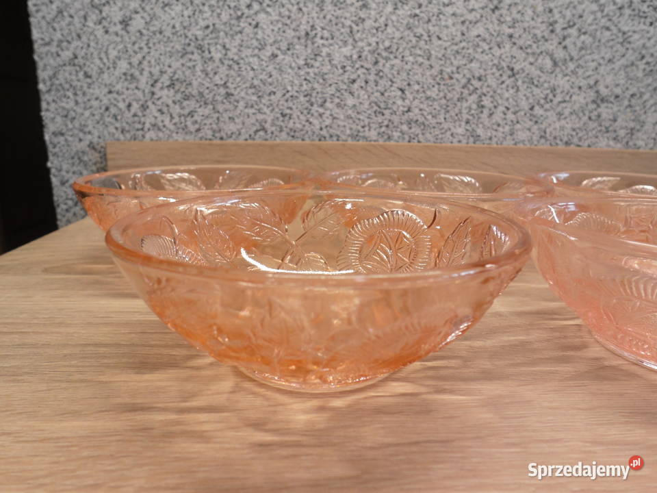 Szklane miseczkisalaterki łososiowe 5 Antyki, Sztuka, Kolekcje wielkopolskie Raszków