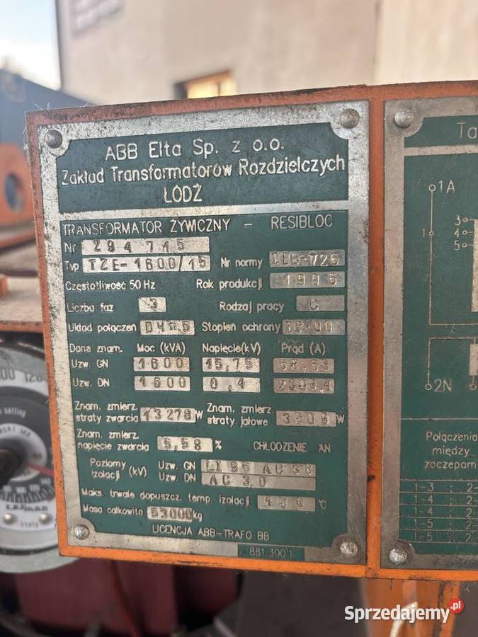 Transformator 1600kVA ABB ELTA Pozostałe Czechowice-Dziedzice