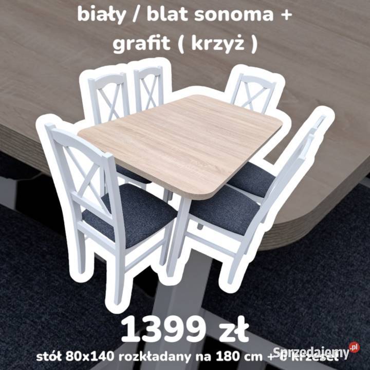 Nowe: Stół 80x140/180 + 6 krzeseł, biały/son + grafit(krzyż)