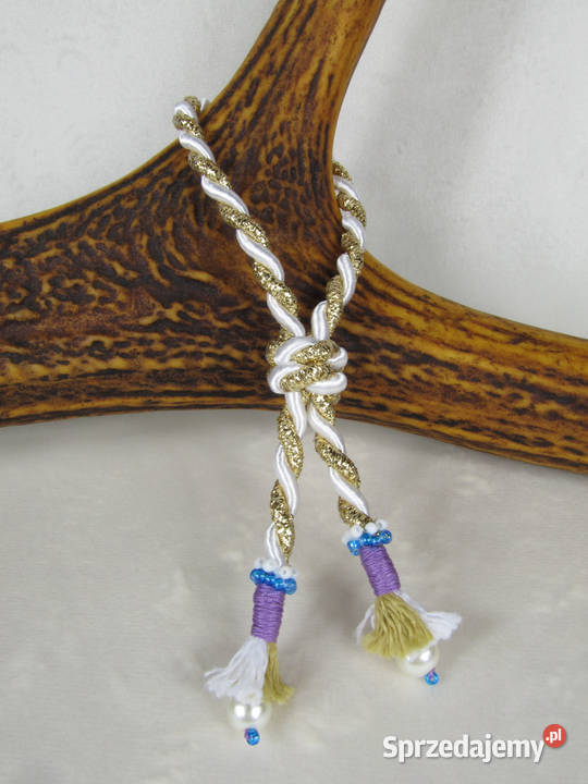 Bransoletka ze sznurka atłas biały złoty śląskie