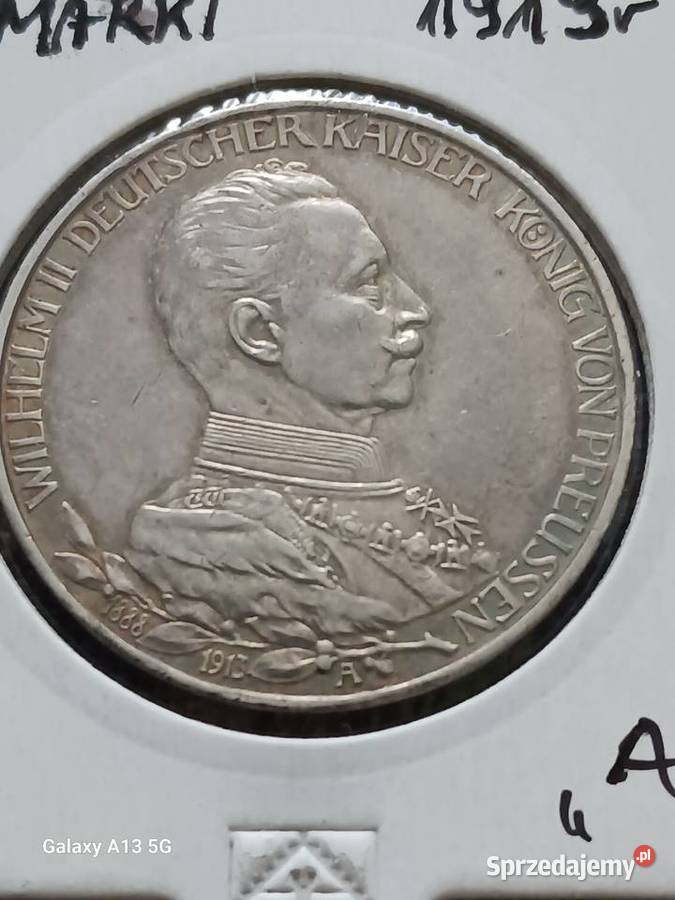 3 Marki Prusy Wilhelm II 1913 r Śliczne wielkopolskie Konin