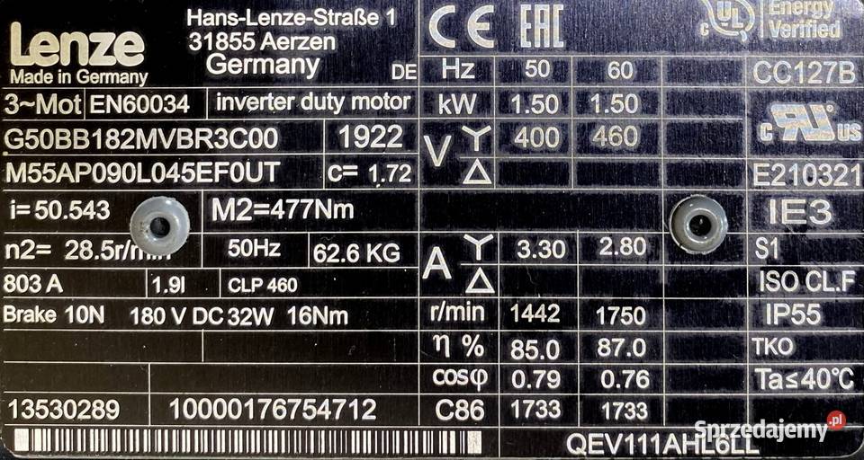 motoreduktor przekładnia 15kW 285obr HAMULEC kujawsko-pomorskie Pigża