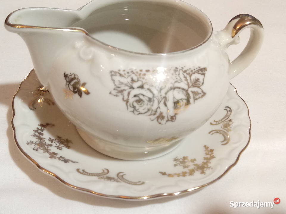 porcelanowy stary mlecznik z talerzykiem Piotrówek
