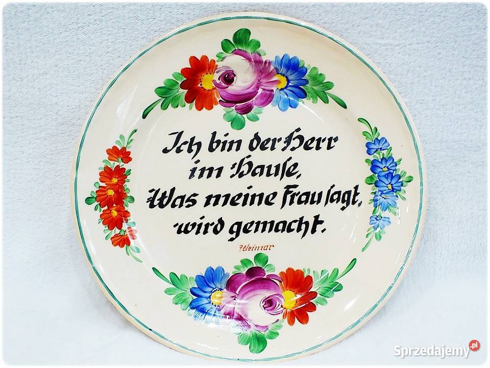 Stary Talerz naścienny malowany z sentencją lata Żary