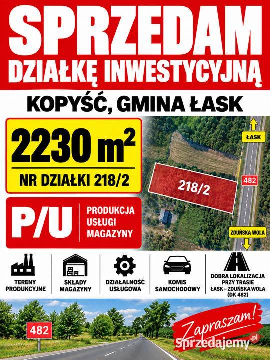 Działka inwestycyjna P/U 2230 m² – Kopyść, Łask – DK 482 - OKAZJA