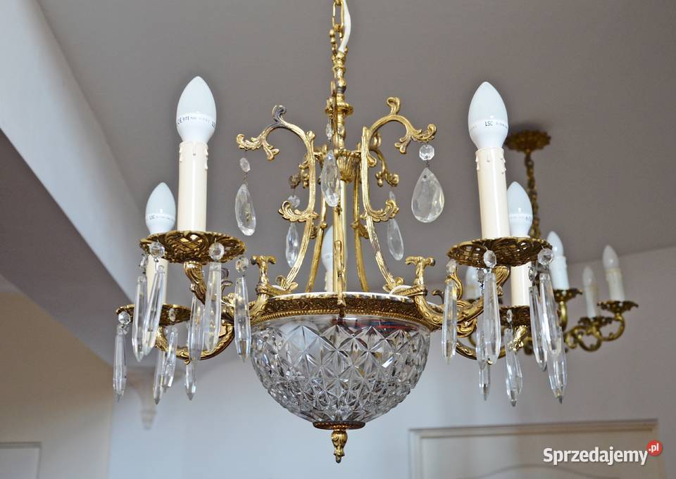 żyrandol stylowy złoty mosiądz kryształki stary Kalisz