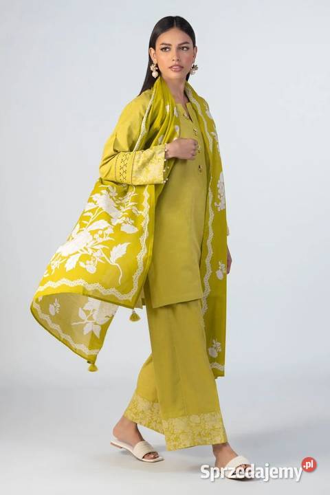 Duża zielona chusta dupatta szal bawełna kwiaty zachodniopomorskie