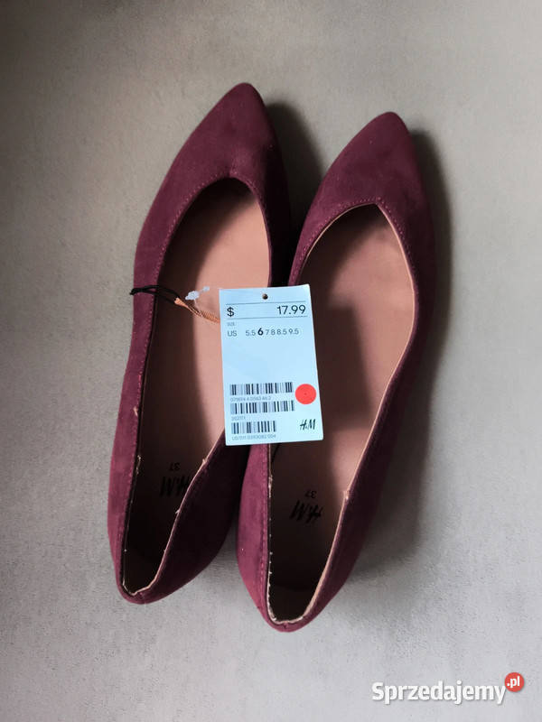 Balerinki Damskie Burgundowe 37 HM Nowe w Szpic 24cm