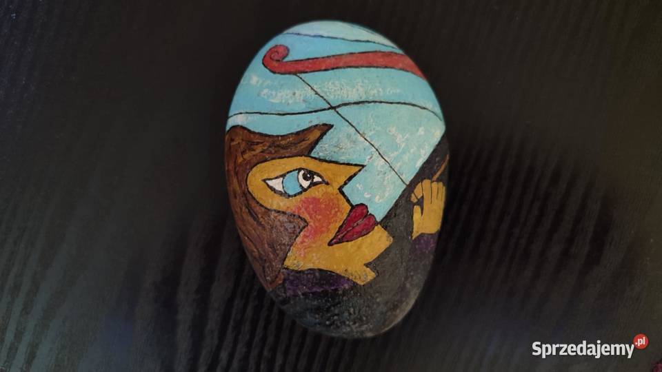 Duży ręcznie malowany kamień twarz portret Rękodzieło Gdańsk
