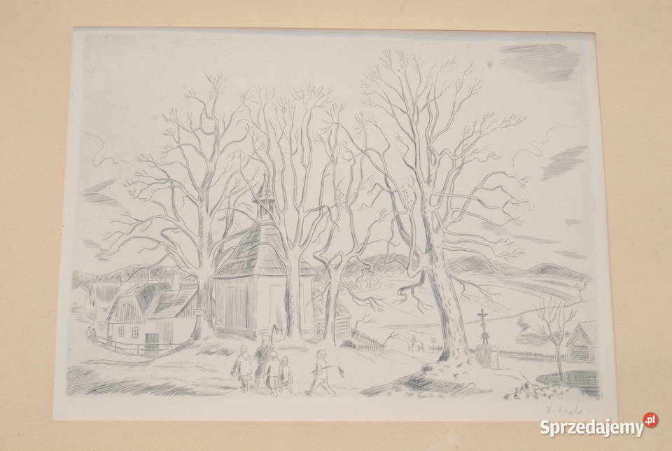 Stary obraz grafika krajobraz z ramką drewnianą Cieszyn