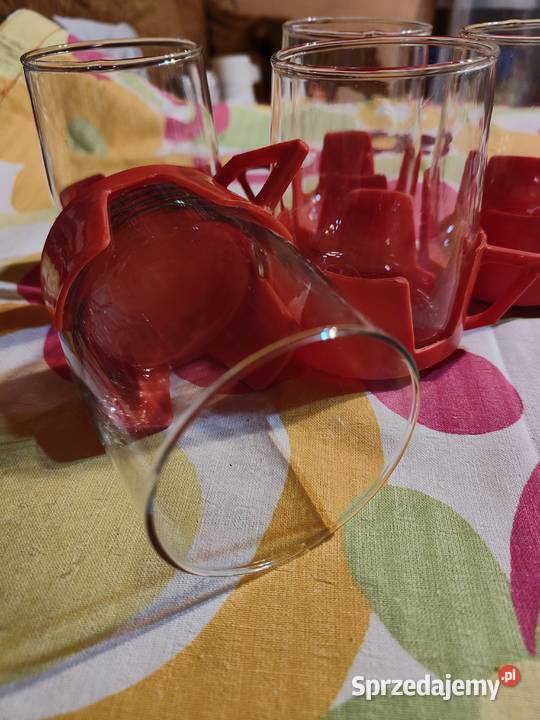 Vintage szklanki z czerwonymi plastikowymi Lublin sprzedam